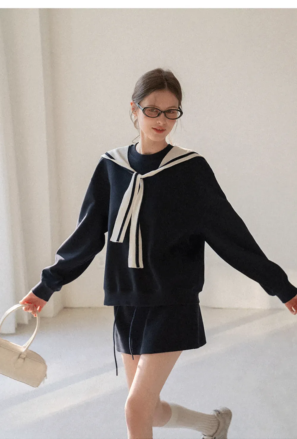 Sailor collar sweatshirt scarf shawl skirt set