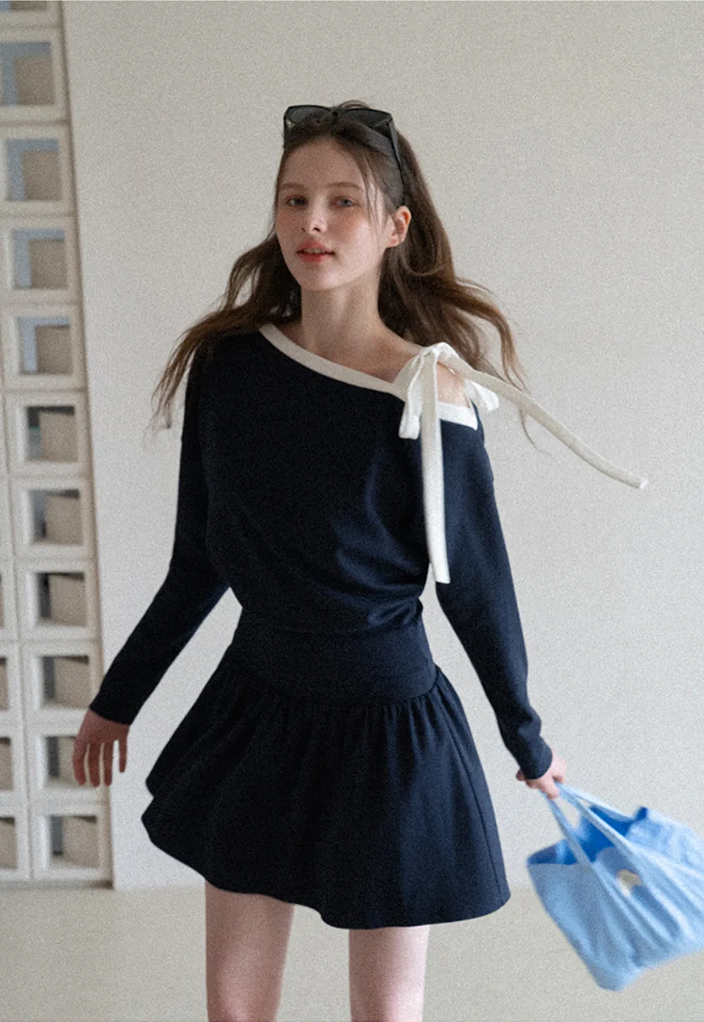 Long sleeve top with bow detail and mini skirt set