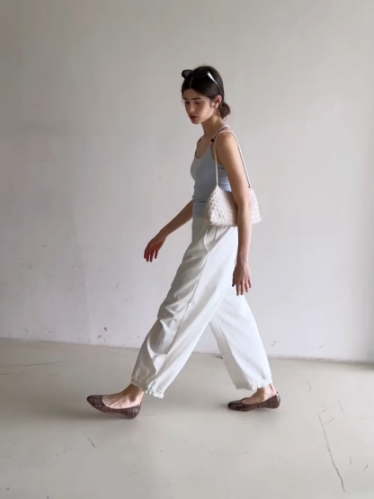 Wide leg casual pants with elastic waist and cuffs