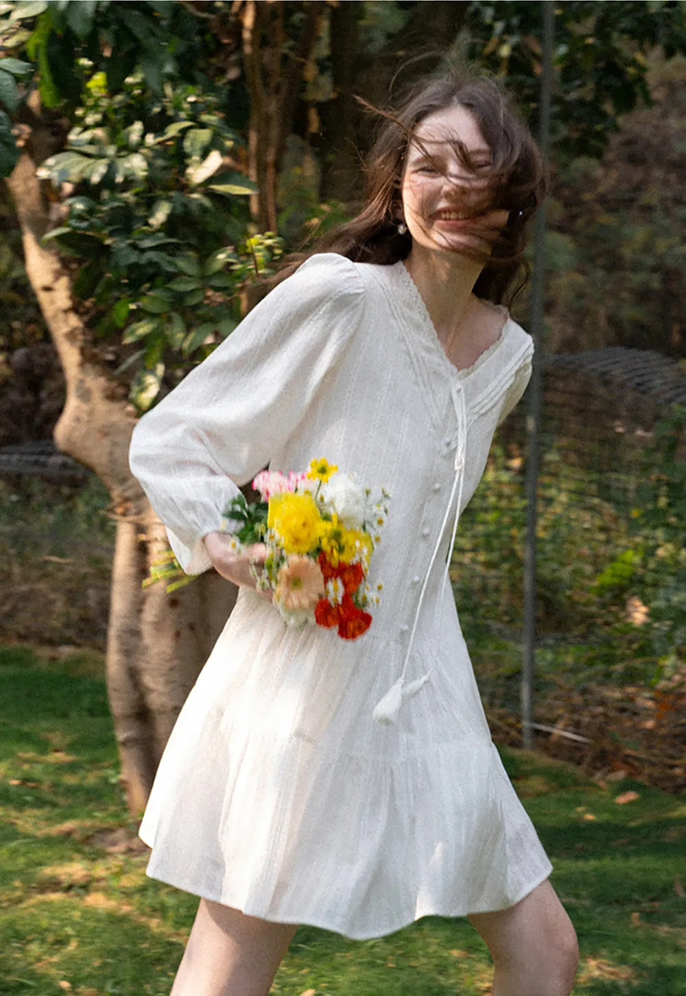V neck long sleeve tiered dress with lace trim