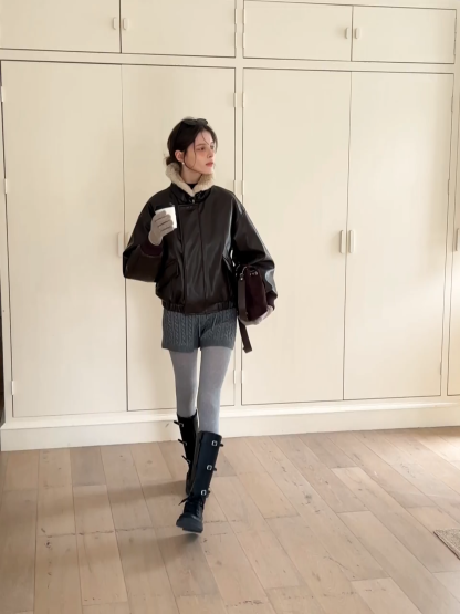 Faux Leather Bomber Jacket with Fur Collar