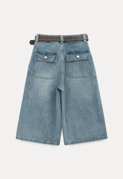 Wide Leg Denim Shorts with Belt and Back Pockets