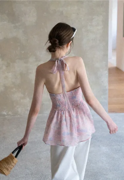 Woolen knit sweater with tie front and floral tank top