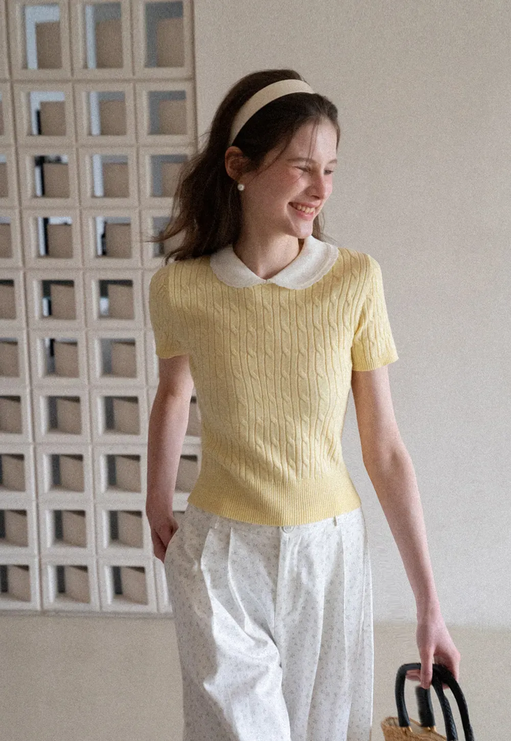 Cable Knit Short Sleeve Sweater with Collar