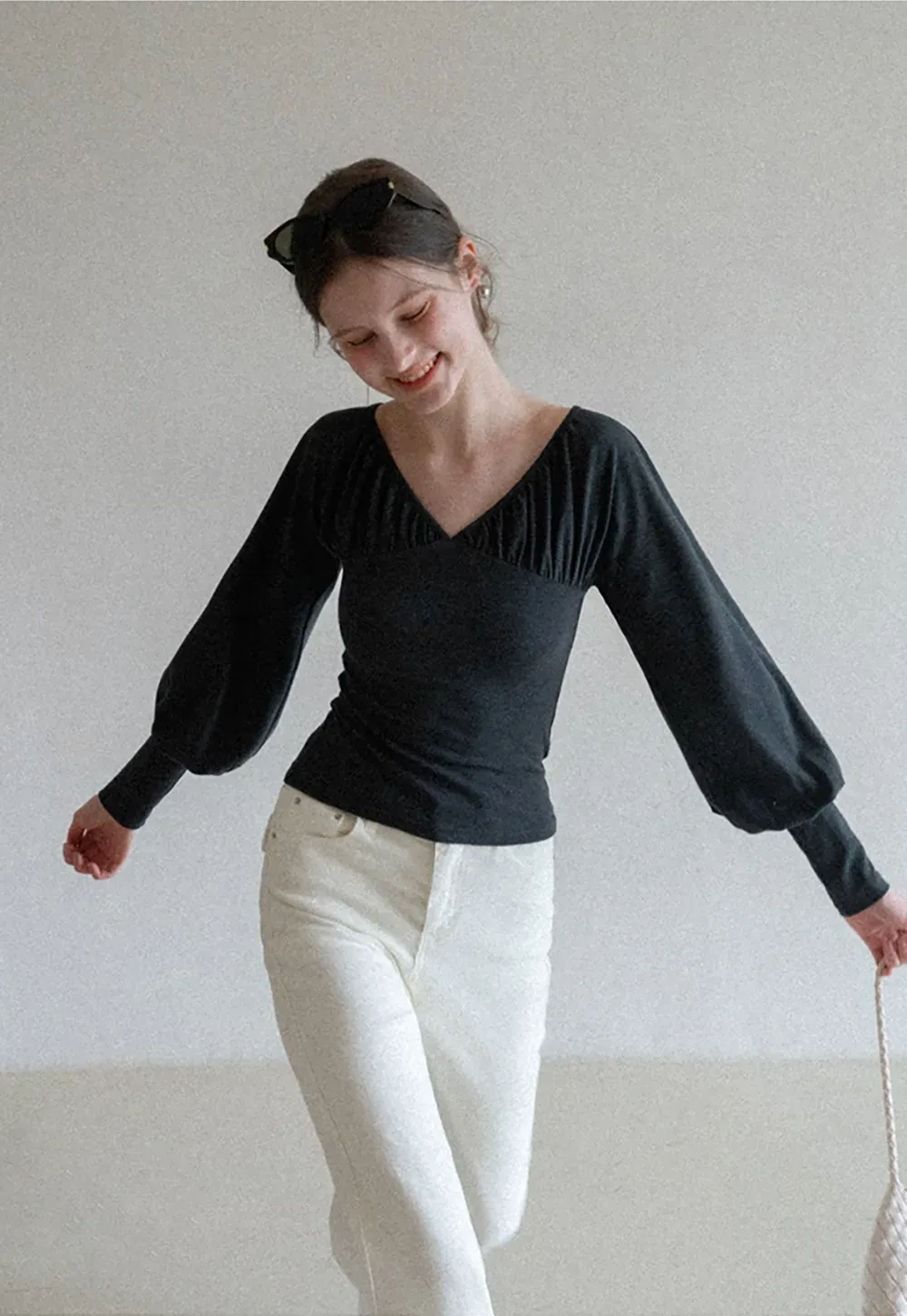 V neck long sleeve top with ruched detail