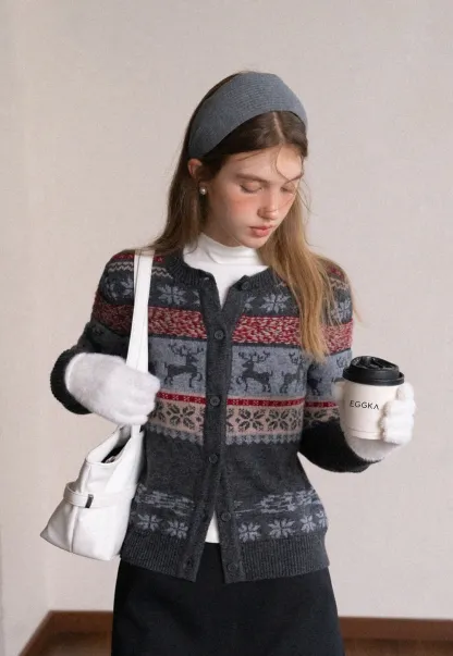 Reindeer Snowflake Pattern Knit Cardigan