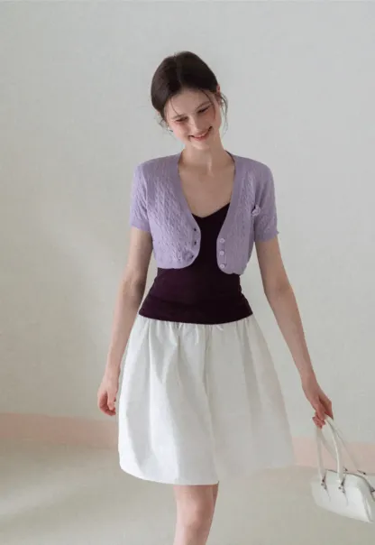 Short Sleeve Cable Knit Cardigan with Button Closure