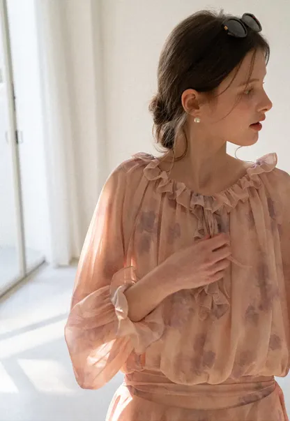 Floral Print Ruffled Neck Long Sleeve Dress