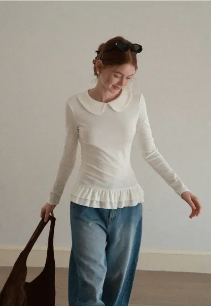 Elegant Long Sleeve Top with Ruffled Hem and Collar Design