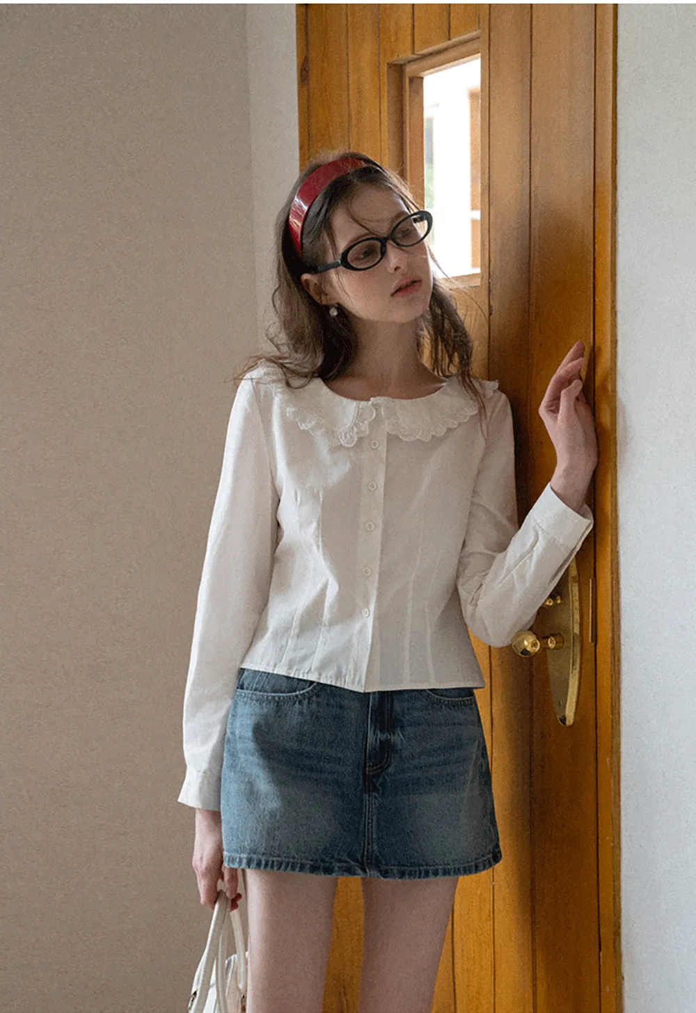 Denim Mini Skirt with Front Pocket and Frayed Hem