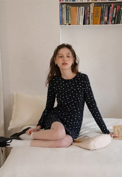 Long Sleeve Floral Print Dress with Cross Neck Detail