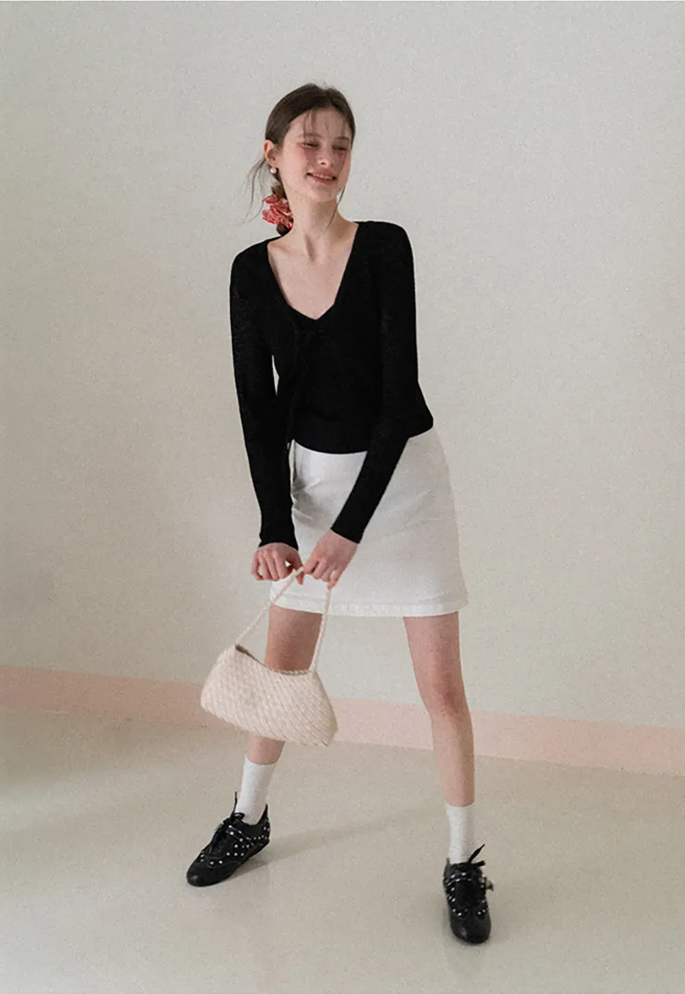 V Neck Long Sleeve Knit Cardigan with Front Tie