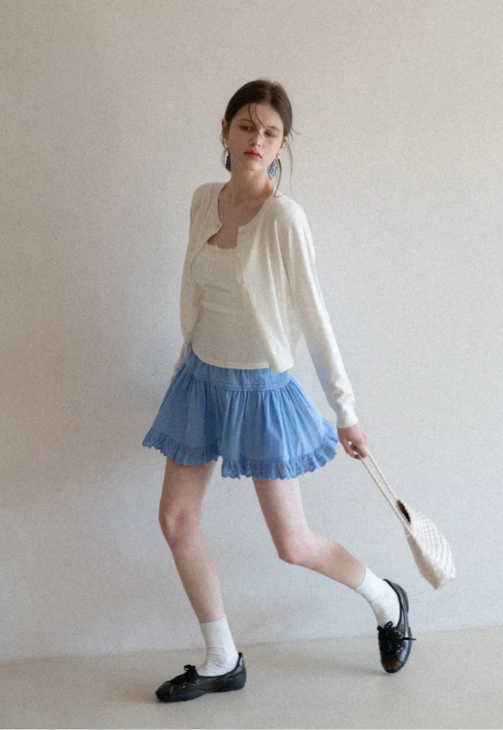 Eyelet Trimmed Tiered Skirt with Ruffled Hem