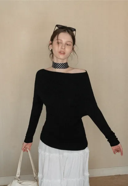 Elegant Off Shoulder Knit Top with Asymmetrical Design