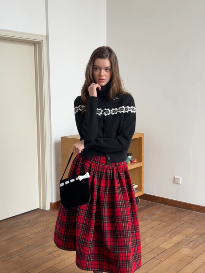 Plaid Midi Skirt with Elastic Waist for Women