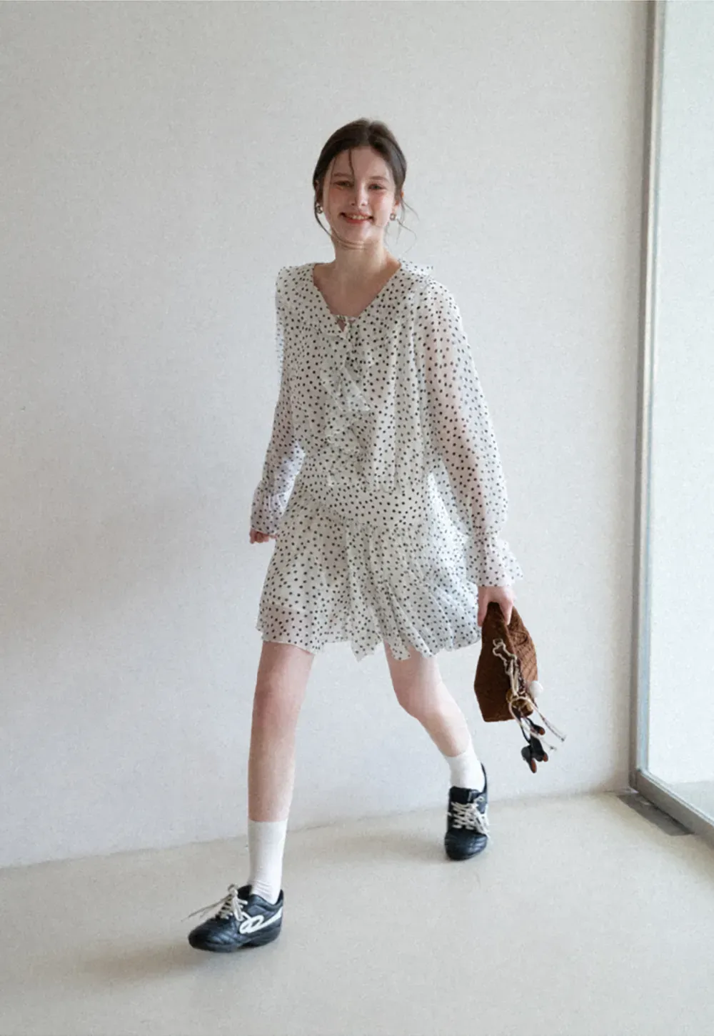 Polka Dot Ruffle Dress with V Neck and Long Sleeves