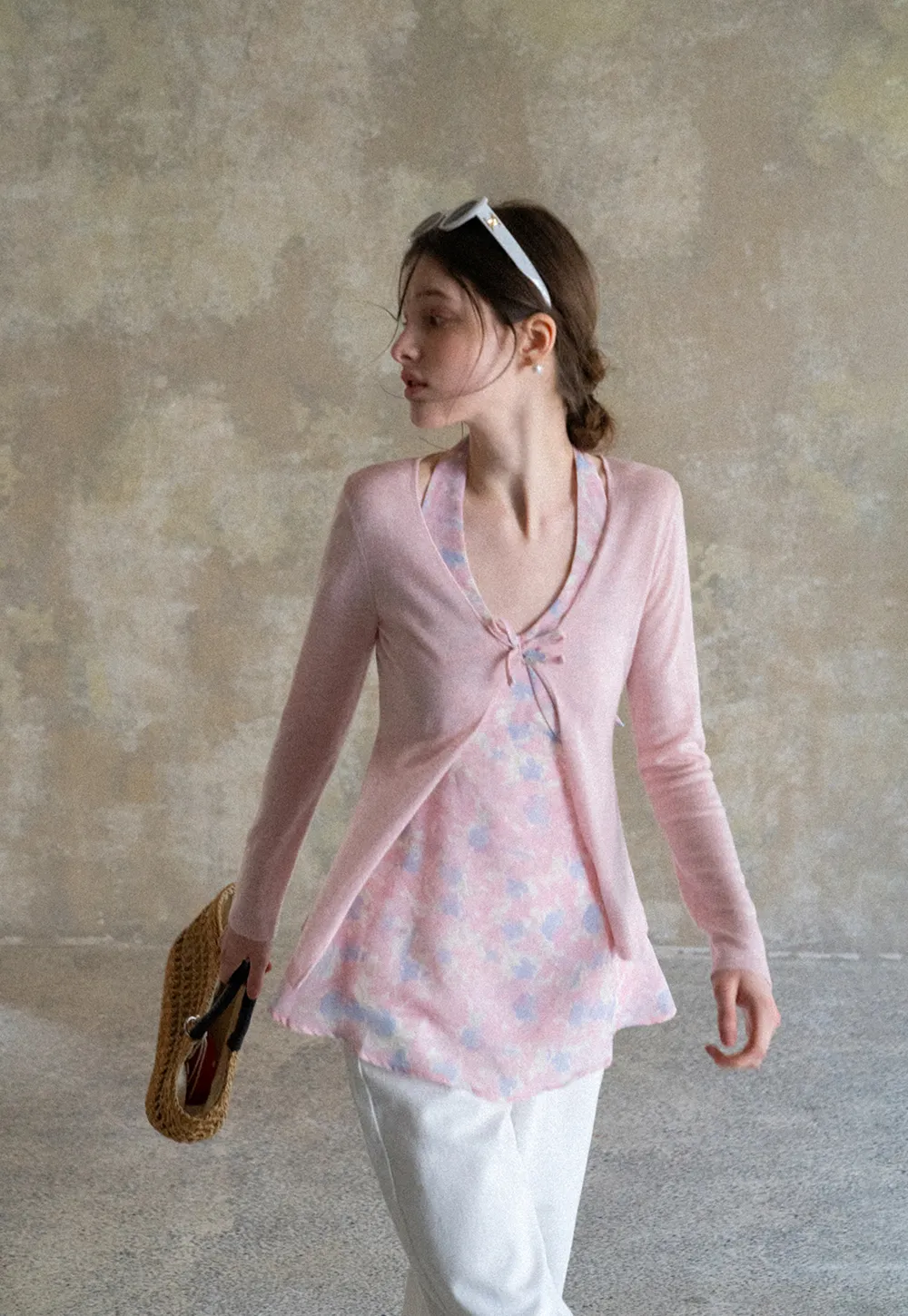 Woolen knit sweater with tie front and floral tank top
