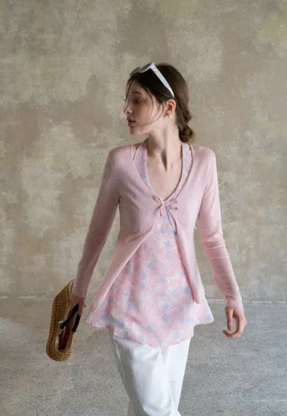 Woolen knit sweater with tie front and floral tank top