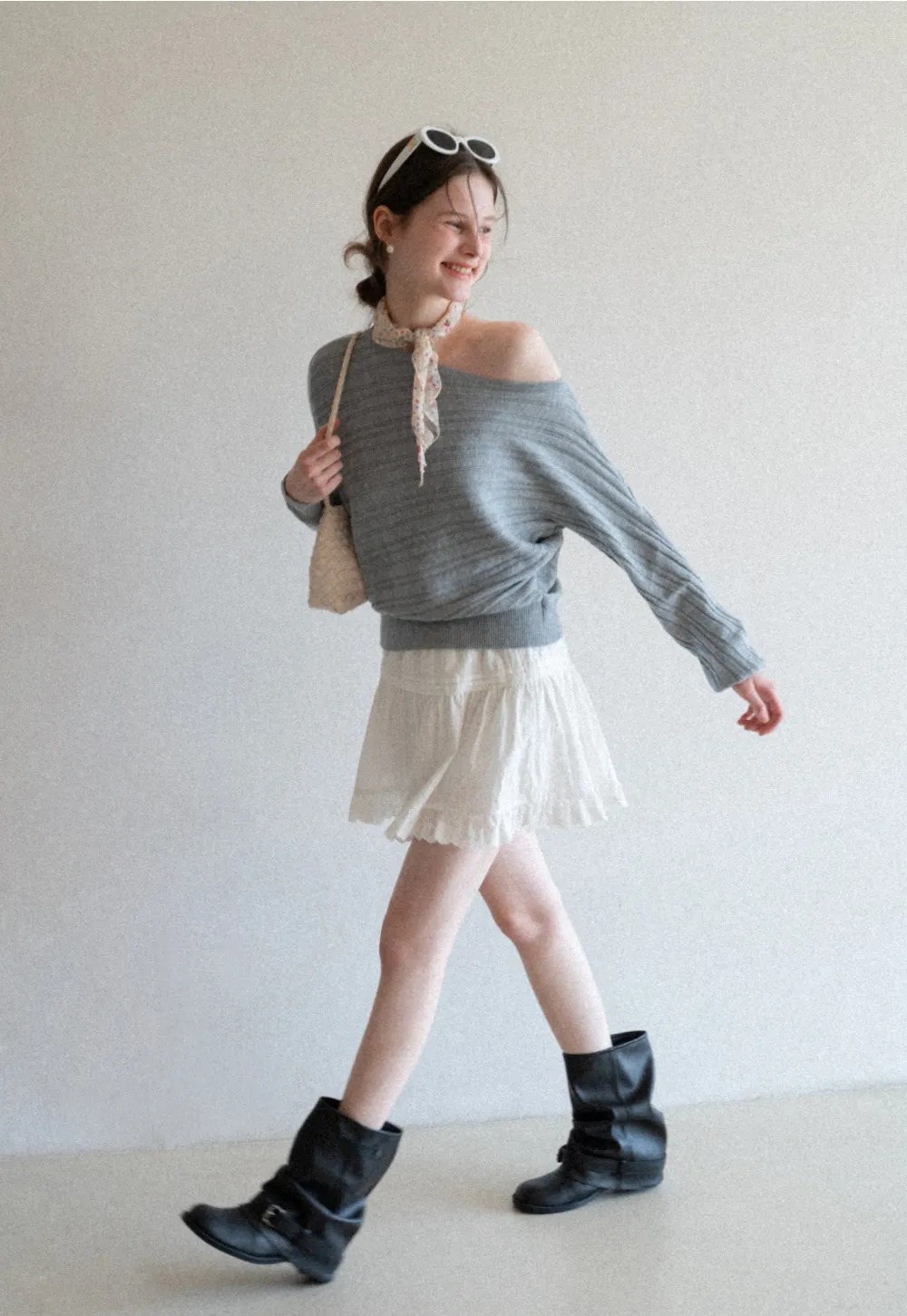 Ribbed knit sweater with wide neckline and long sleeves