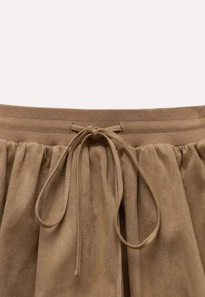 Womens Khaki Drawstring High Waist Pleated Mini Skirt