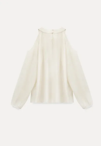 Lace Chiffon Blouse with Ruffled Neck and Cold Shoulder