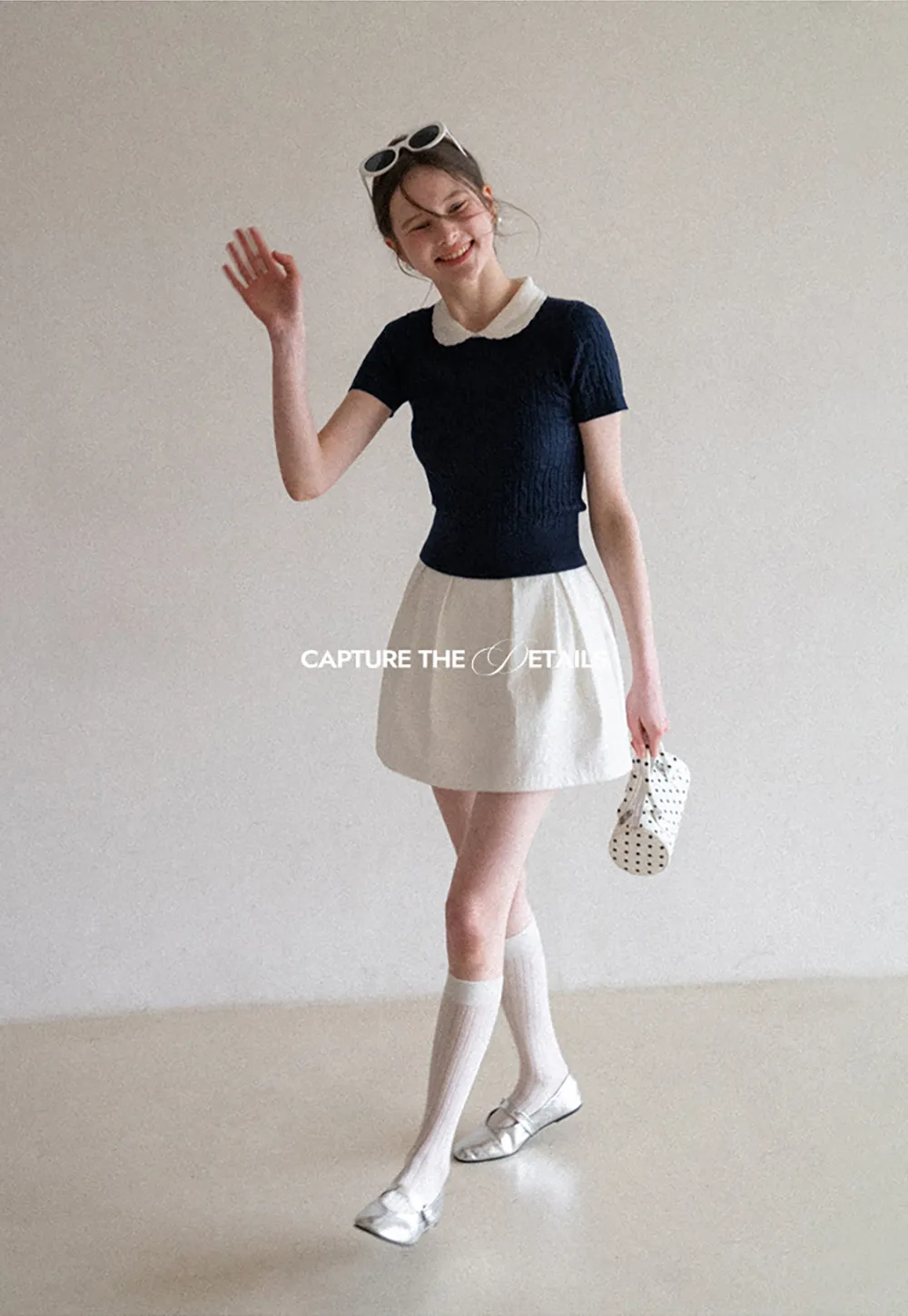 Cable Knit Short Sleeve Sweater with Collar