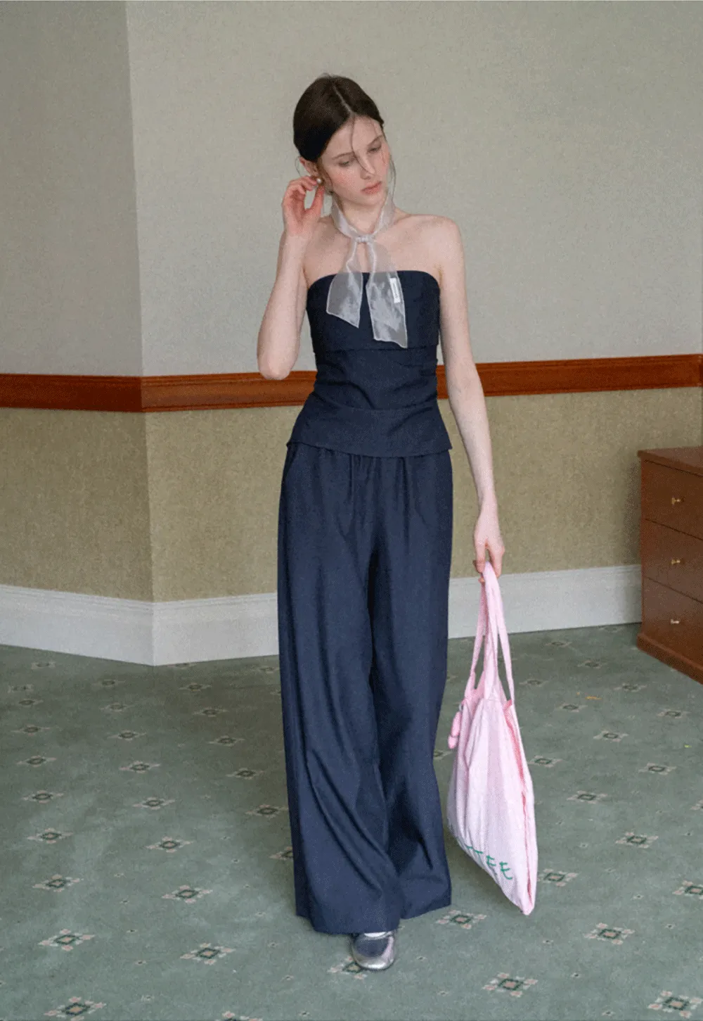 Strapless top with sheer neck tie and loose fit pants