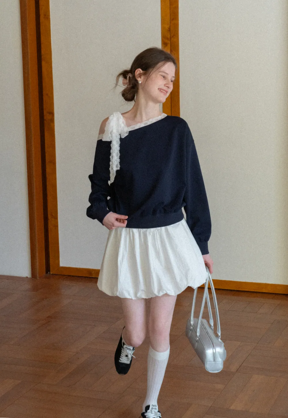 Off shoulder sweatshirt with lace trim detail