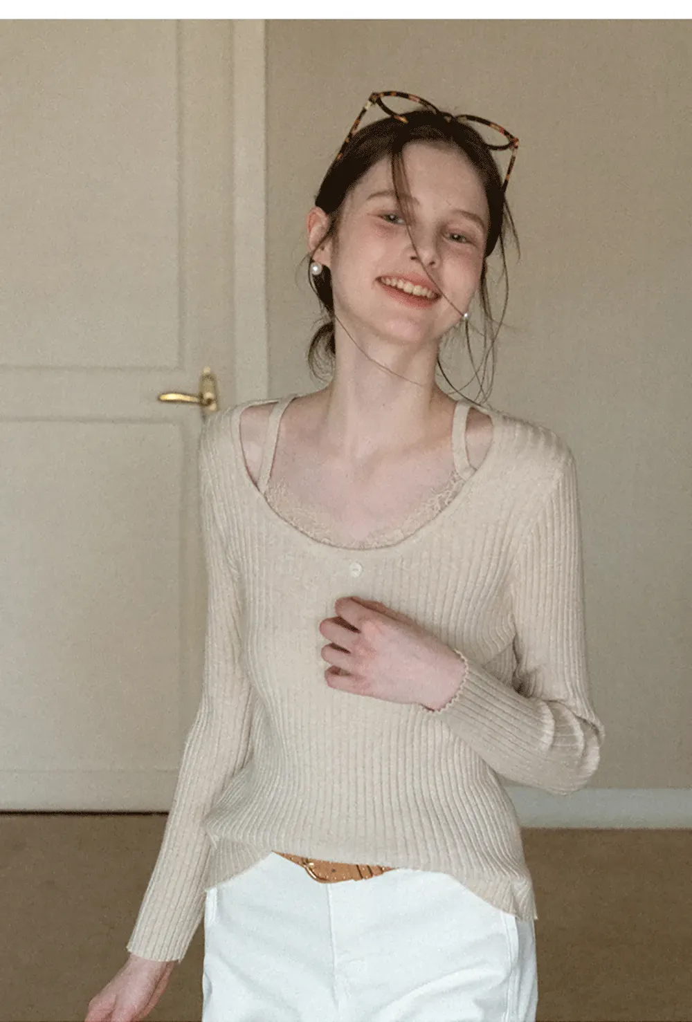 Ribbed knit sweater with boat neck and long sleeves