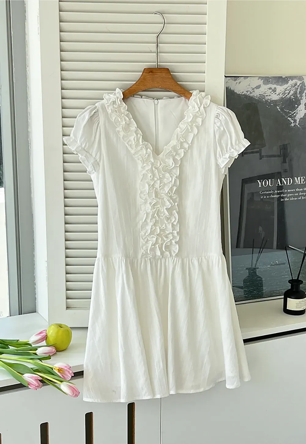 Ruffled V Neck Short Sleeve A Line Dress