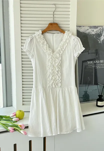 Ruffled V Neck Short Sleeve A Line Dress