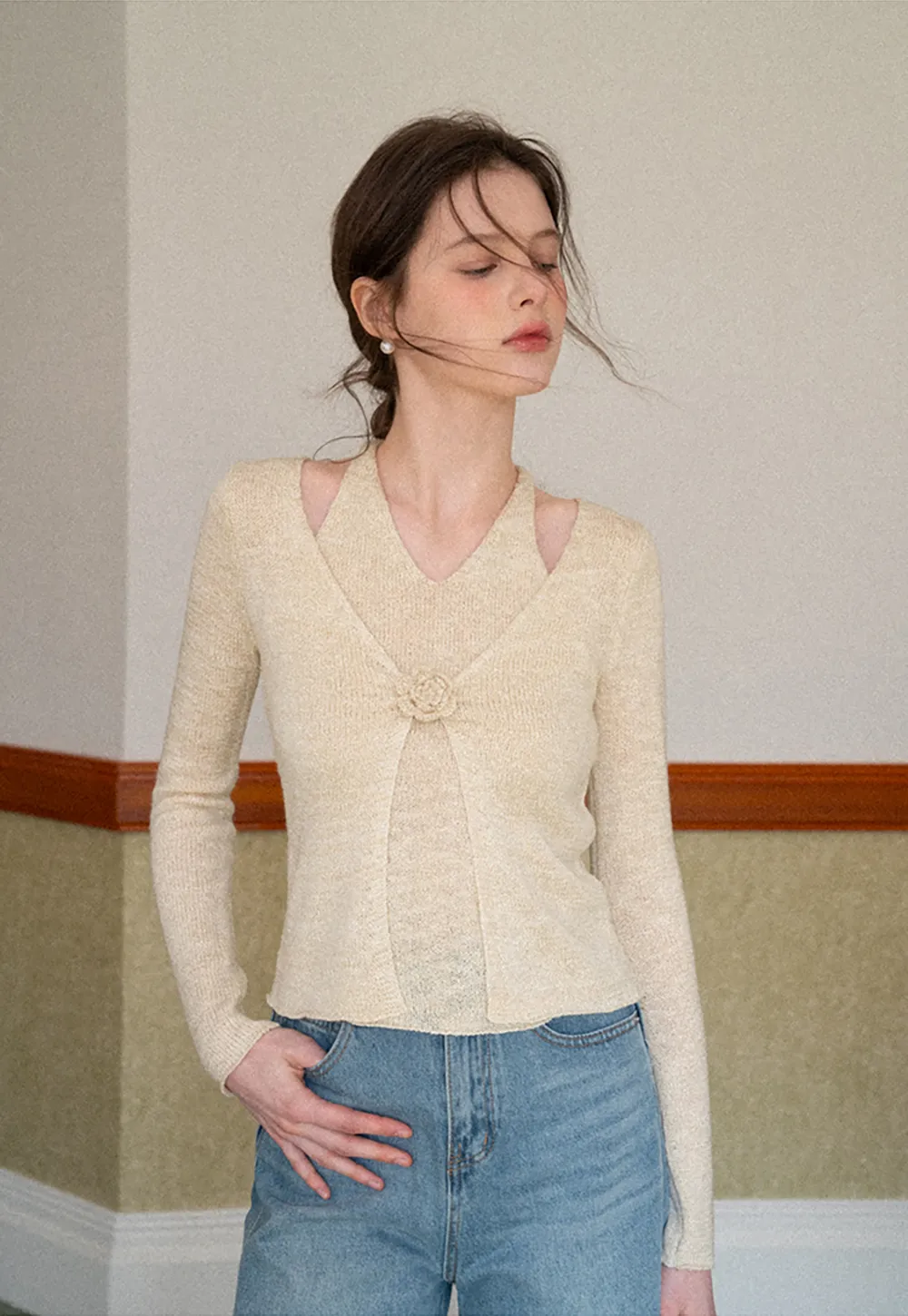 V Neck Knit Sweater with Floral Button Detail