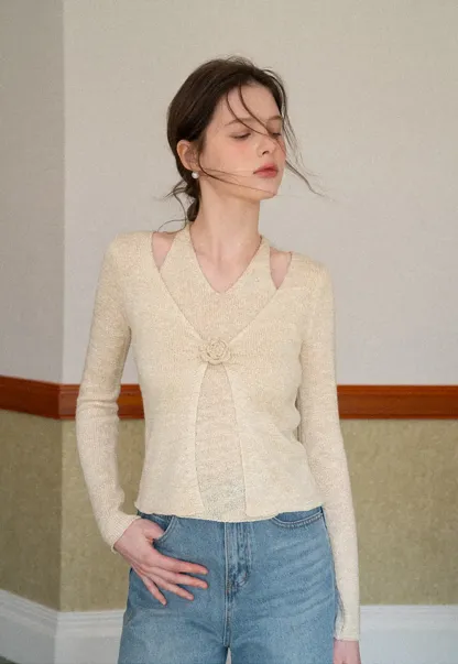 V Neck Knit Sweater with Floral Button Detail