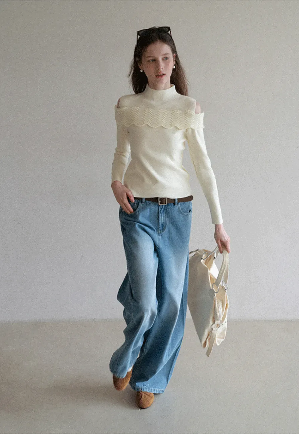 Elegant Off Shoulder Knit Sweater with Wave Detail