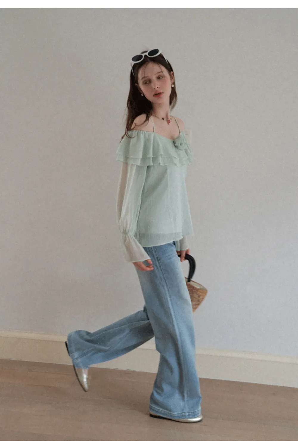 Off Shoulder Blouse with Ruffled Layers and Floral Embellishment