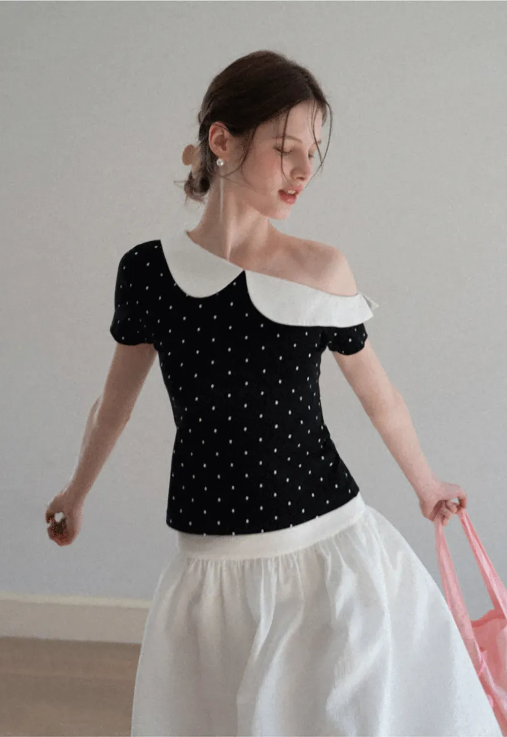Polka dot short sleeve top with Peter Pan collar
