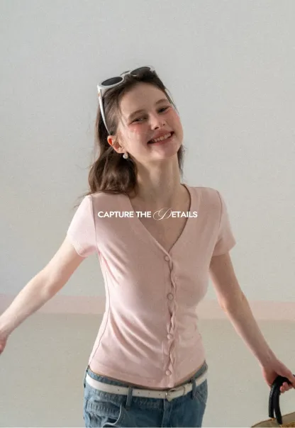 V neck short sleeve button front top