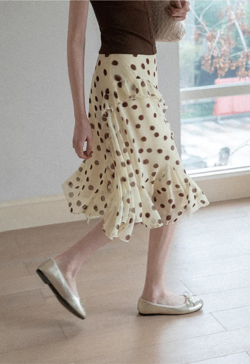 Polka dot ruffled asymmetrical midi skirt