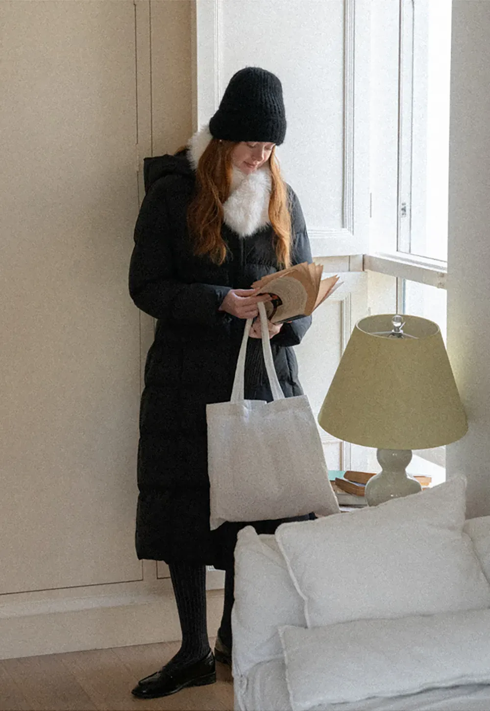 Long Puffer Coat with Fur Trim Hood Belted Design