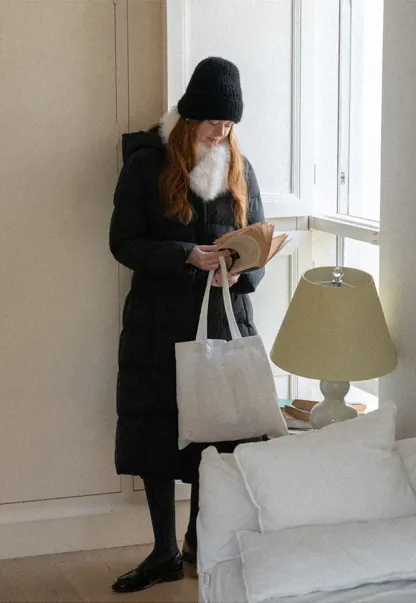 Long Puffer Coat with Fur Trim Hood Belted Design