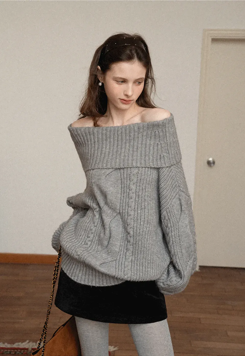 Gray Cable-Knit Turtleneck Sweater