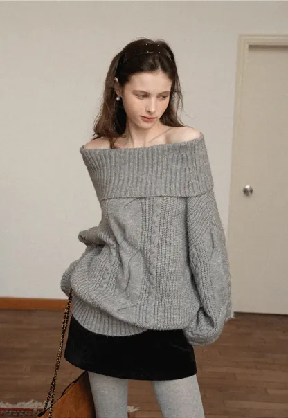 Gray Cable-Knit Turtleneck Sweater