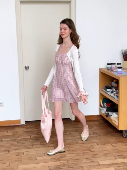 Plaid Print Square Neck Pleated Skirt Dress