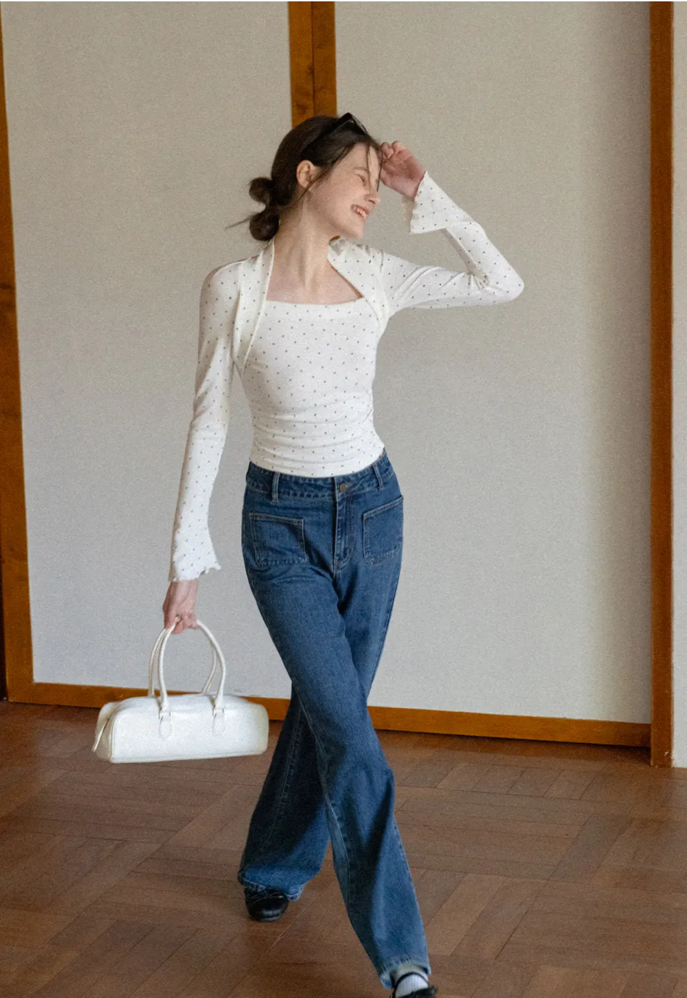 Polka dot long sleeve top with square neckline