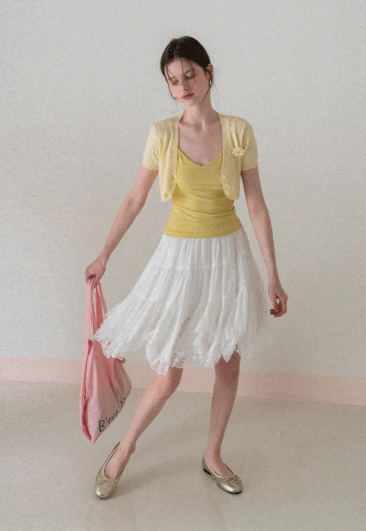 Short Sleeve Cable Knit Cardigan with Button Closure