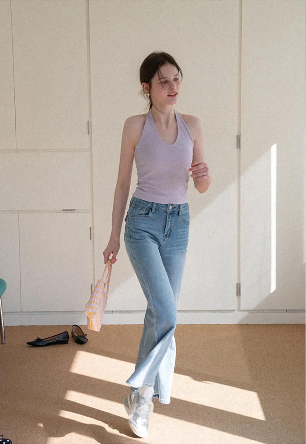 V neck halter tank top with fitted silhouette