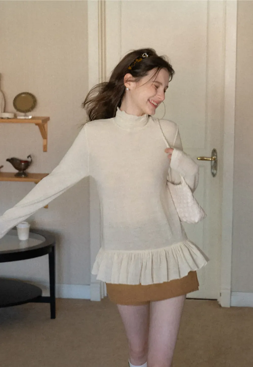 floral dot long sleeve top with ruffle hem