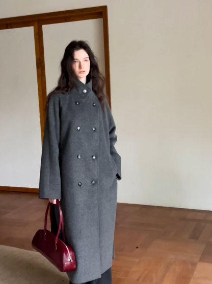 Women Classic Wool Coat with Button Details and Waist Belt