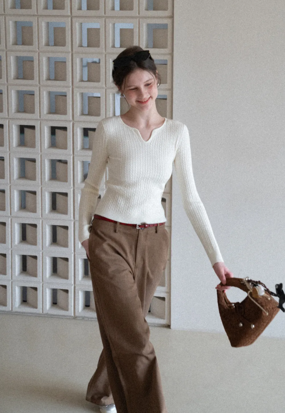 V Neck Cable Knit Sweater Top