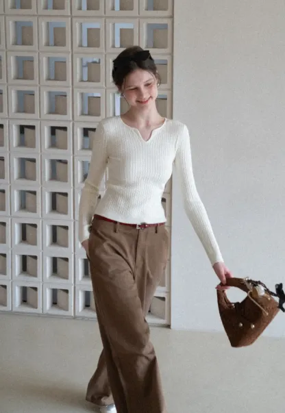 V Neck Cable Knit Sweater Top